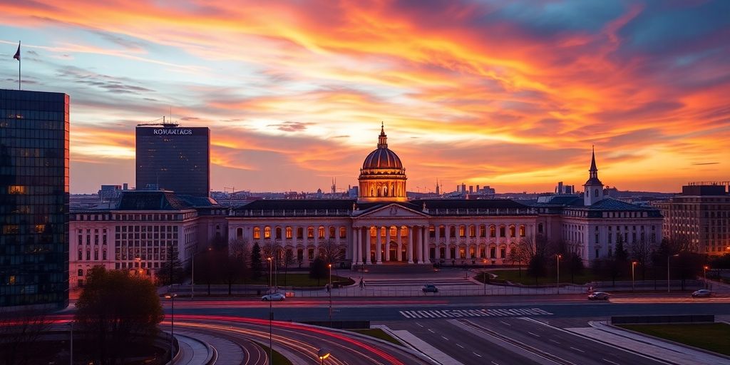 Palatul Parlamentului la apus, cu cer colorat.