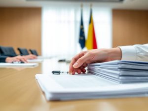 Politic News 33 Drapel, stilouri, documente, mâini, sală conferințe