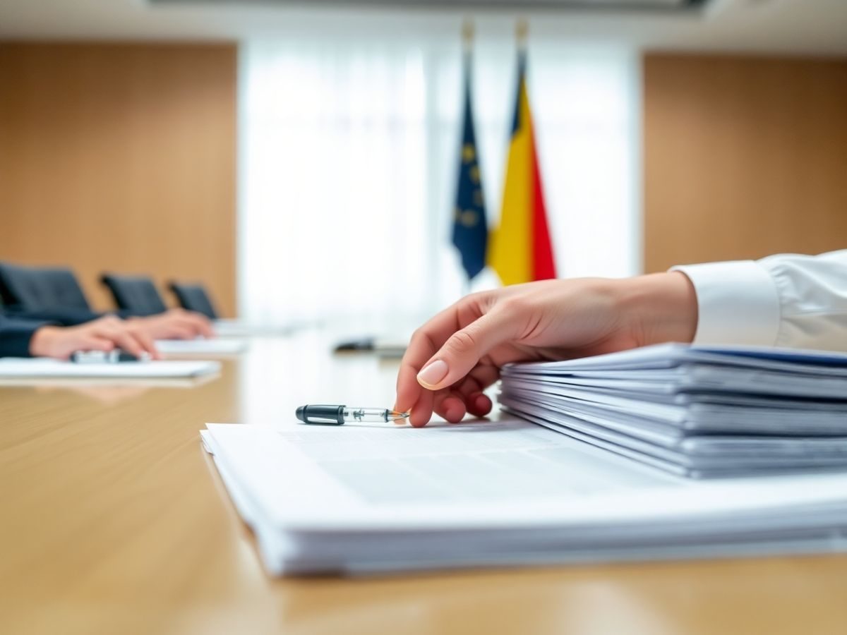 Drapel, stilouri, documente, mâini, sală conferințe