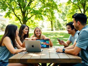 Grup de tineri zâmbind în jurul unei mese într-un parc