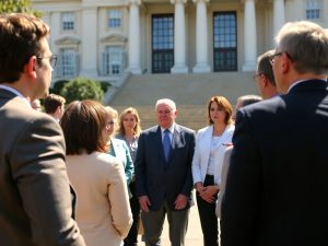 Politic News 18 Oamenii discută în fața unei clădiri guvernamentale.