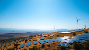 Turbine eoliene și panouri solare pe un fundal natural.