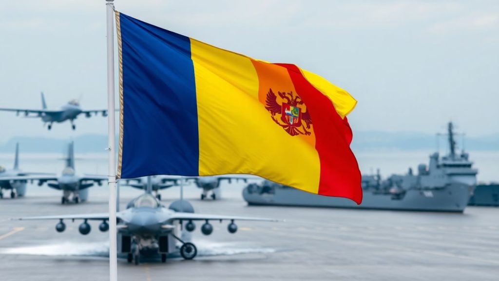 Politicile de apărare națională ale României: priorități și resurse 1 Steagul României flutură lângă avioane și nave militare.